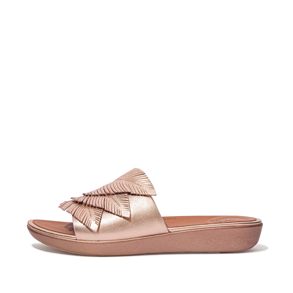 Fitflop Womens Slides - Sola Feather Metallic Leather - Rose Gold - 609-RMPKEG